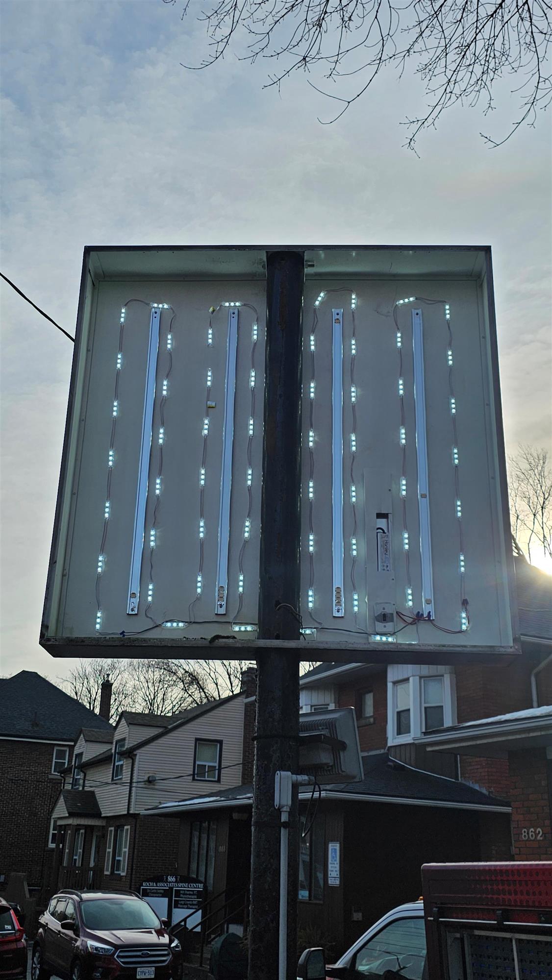 the inside of a pylon sign showing the LED lights