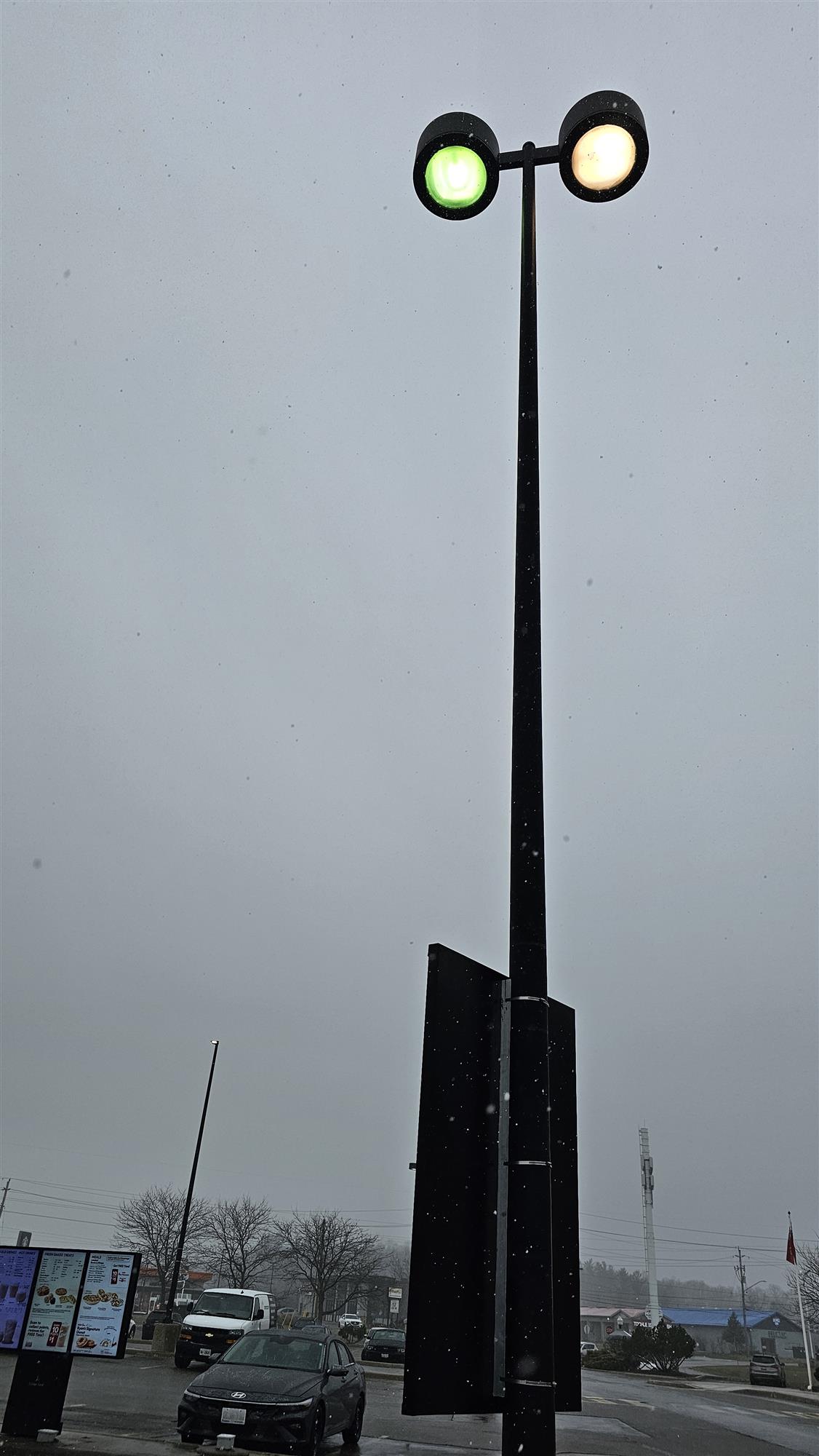 a pole light with two lights illuminated after a repair