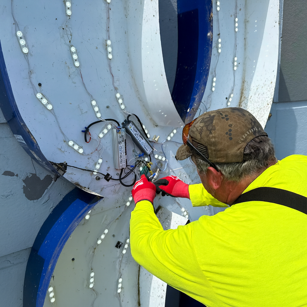 YESCO Employee fixing a channel letter