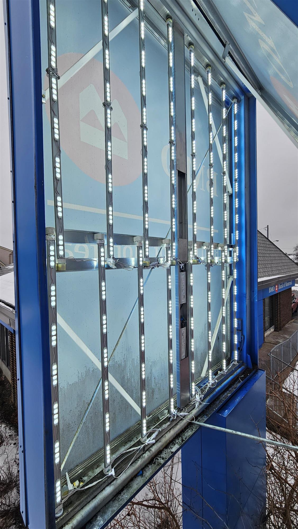 the inside of the blue BMO sign showing the LED lights